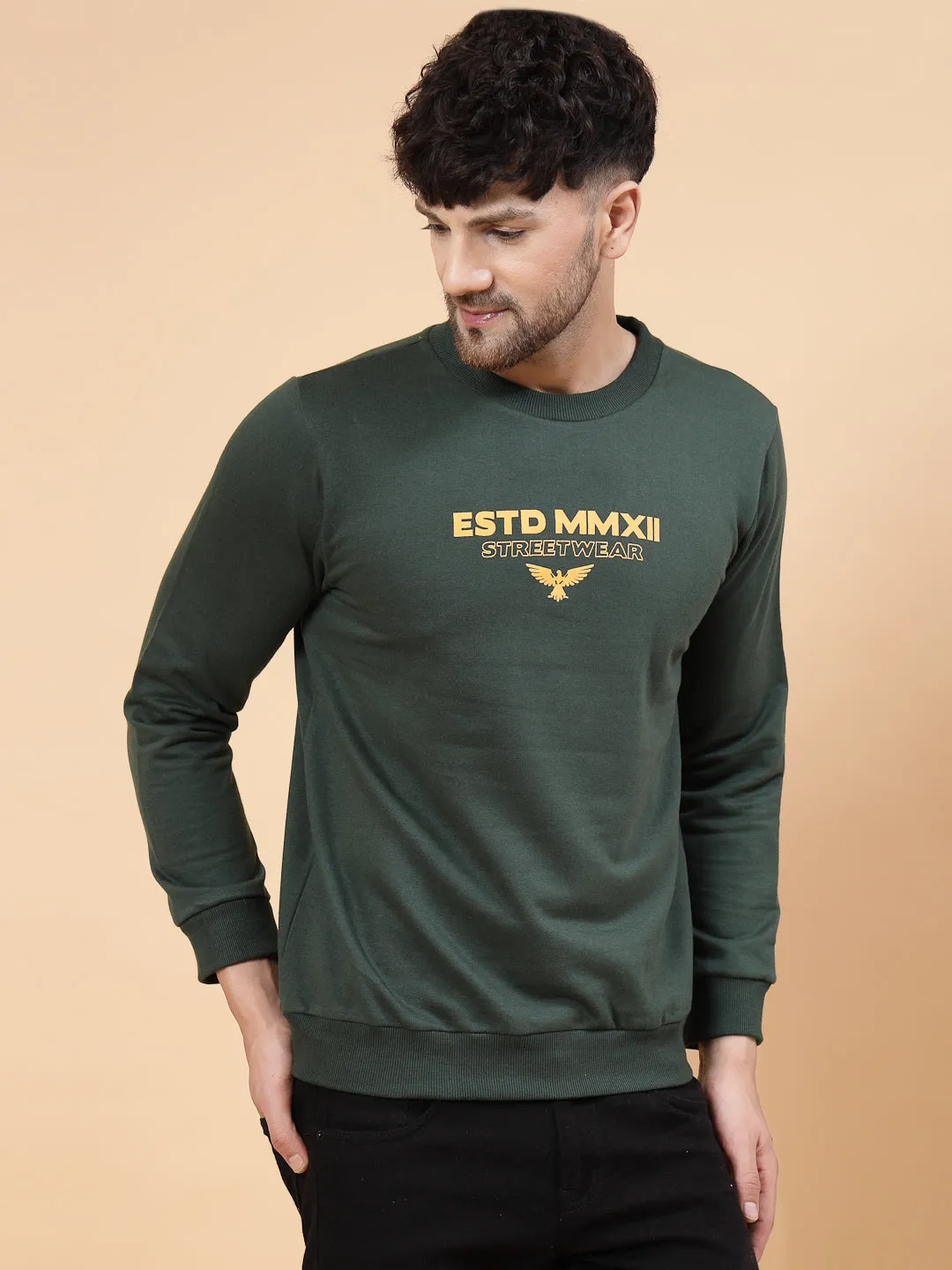 Bottle Green Placement Print Round Neck Fleece Sweatshirt