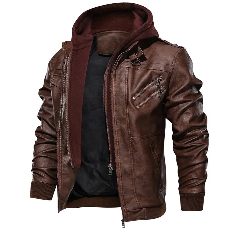 Casual Detachable Hooded PU Men Jacket