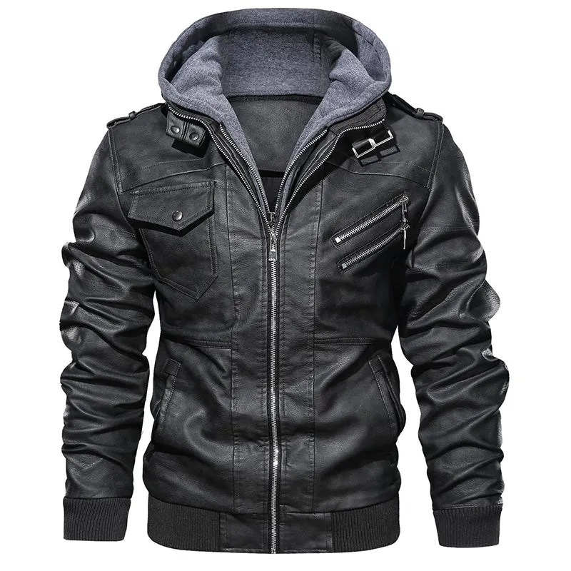 Casual Detachable Hooded PU Men Jacket