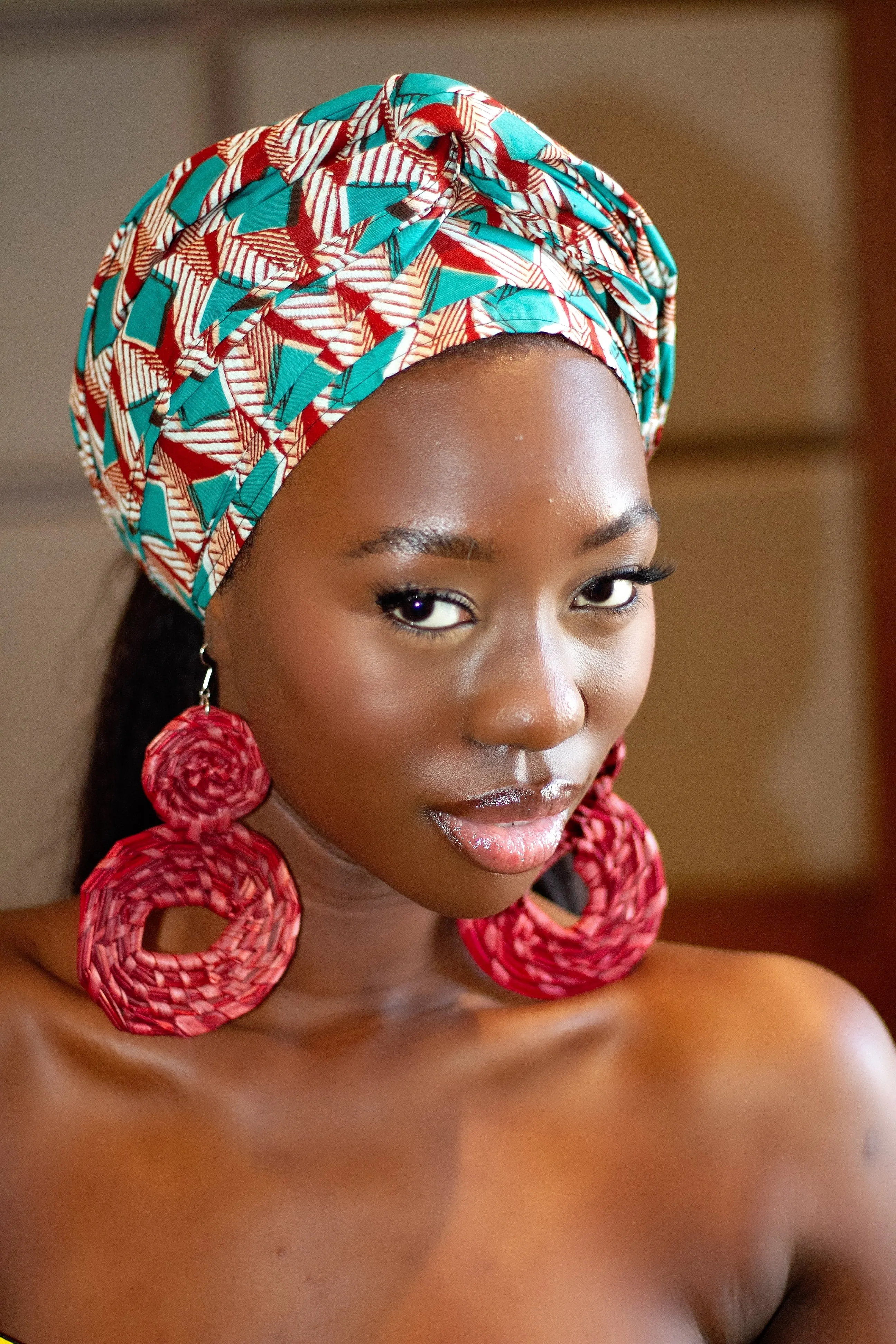 Gift Bundle African Ankara Print Headwrap/Headtie with Rattan Earring- Felicia