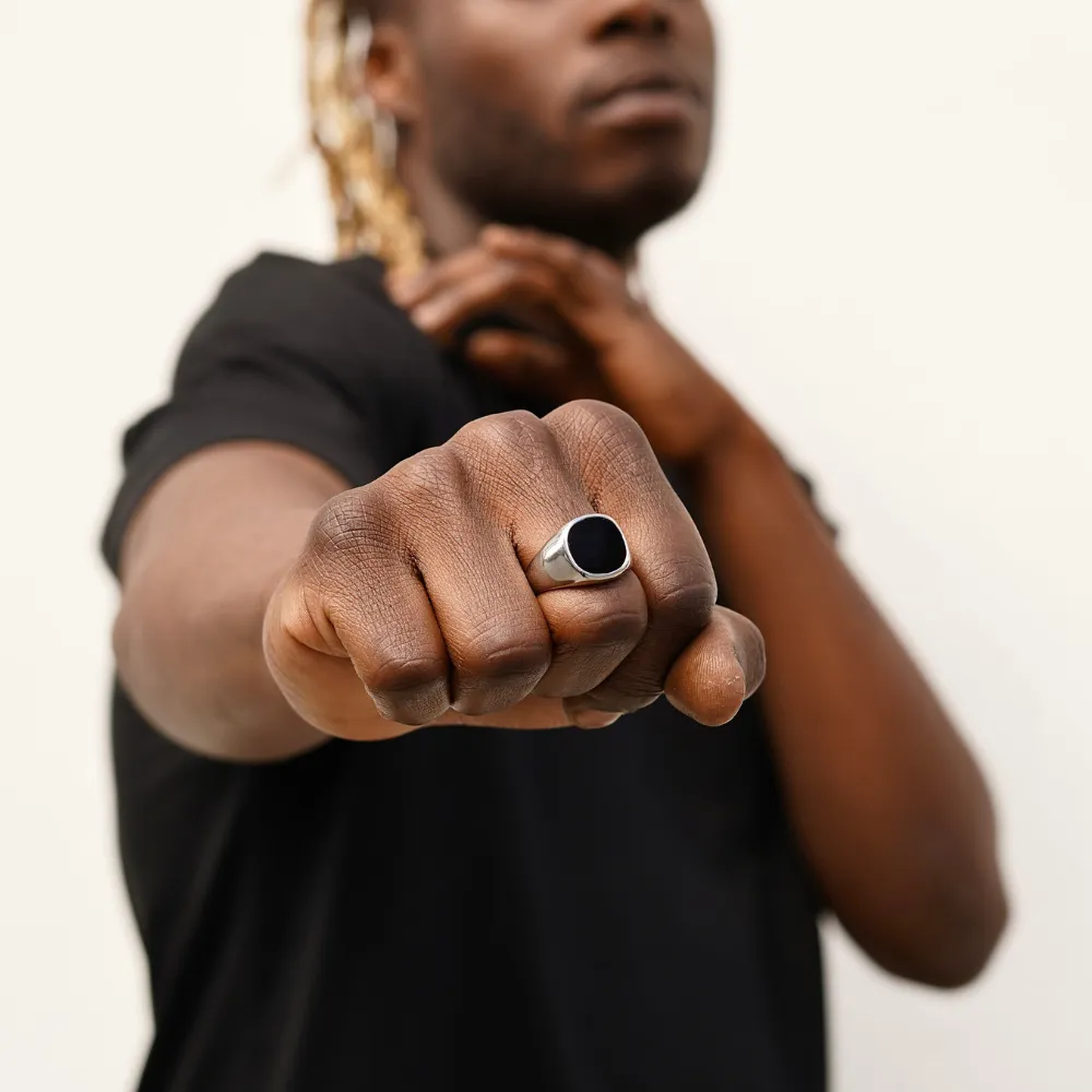 Large Black Onyx Signet Ring - Silver