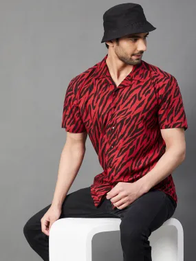 Maroon Zebra Printed Cuban Collar Half Sleeve Rayon Shirt