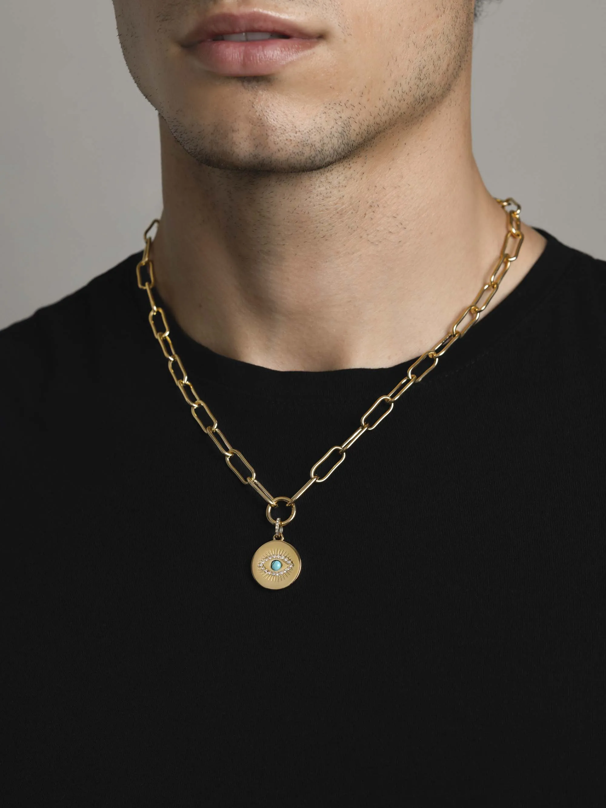 Men's Gold Paperclip Chain with Evil Eye Coin