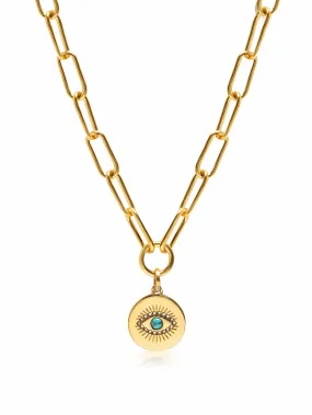 Men's Gold Paperclip Chain with Evil Eye Coin