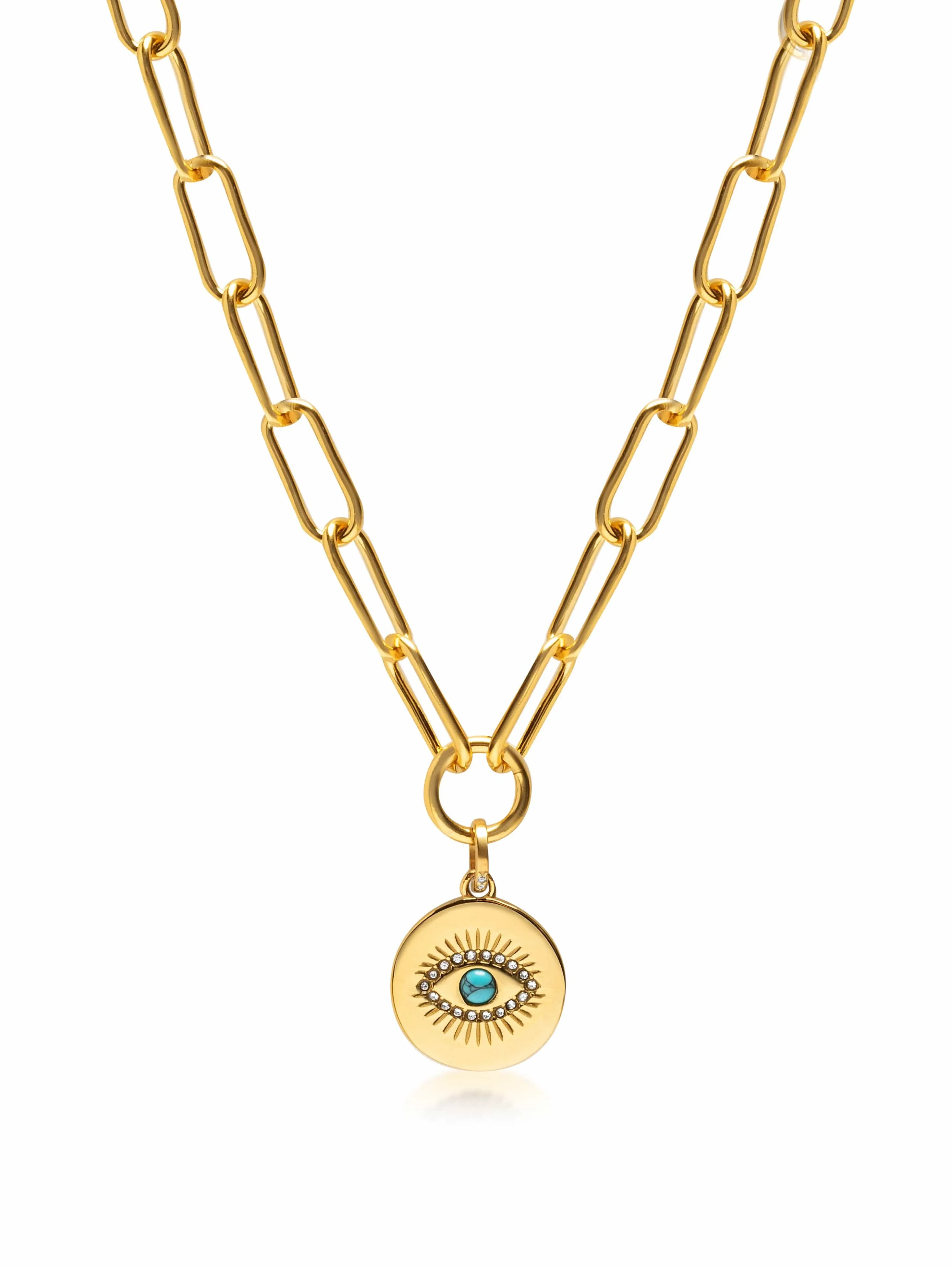 Men's Gold Paperclip Chain with Evil Eye Coin