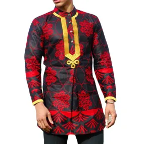 Red Floral Print Clothes Men's Dashiki Dress Shirt Hip Hop Streetwear Traditional Outfit Camisas